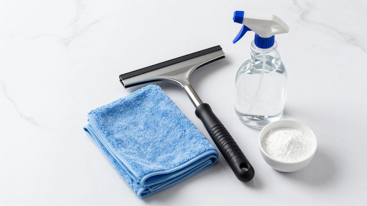 Microfiber cloth, squeegee, and cleaning supplies on marble