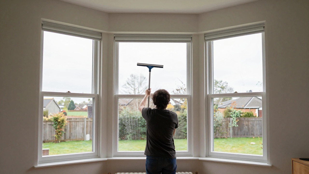 Person using a squeegee on a window with overcast lighting