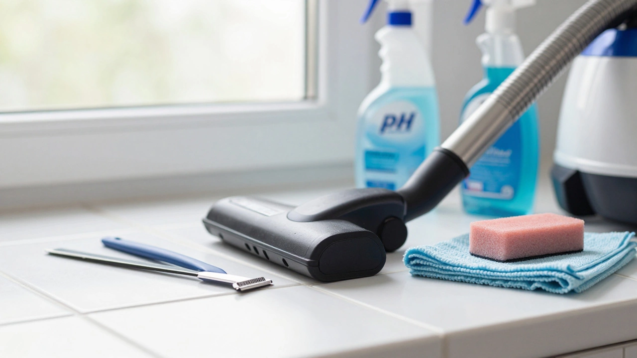 Professional cleaning tools like HEPA vacuum and scrapers on clean tiles