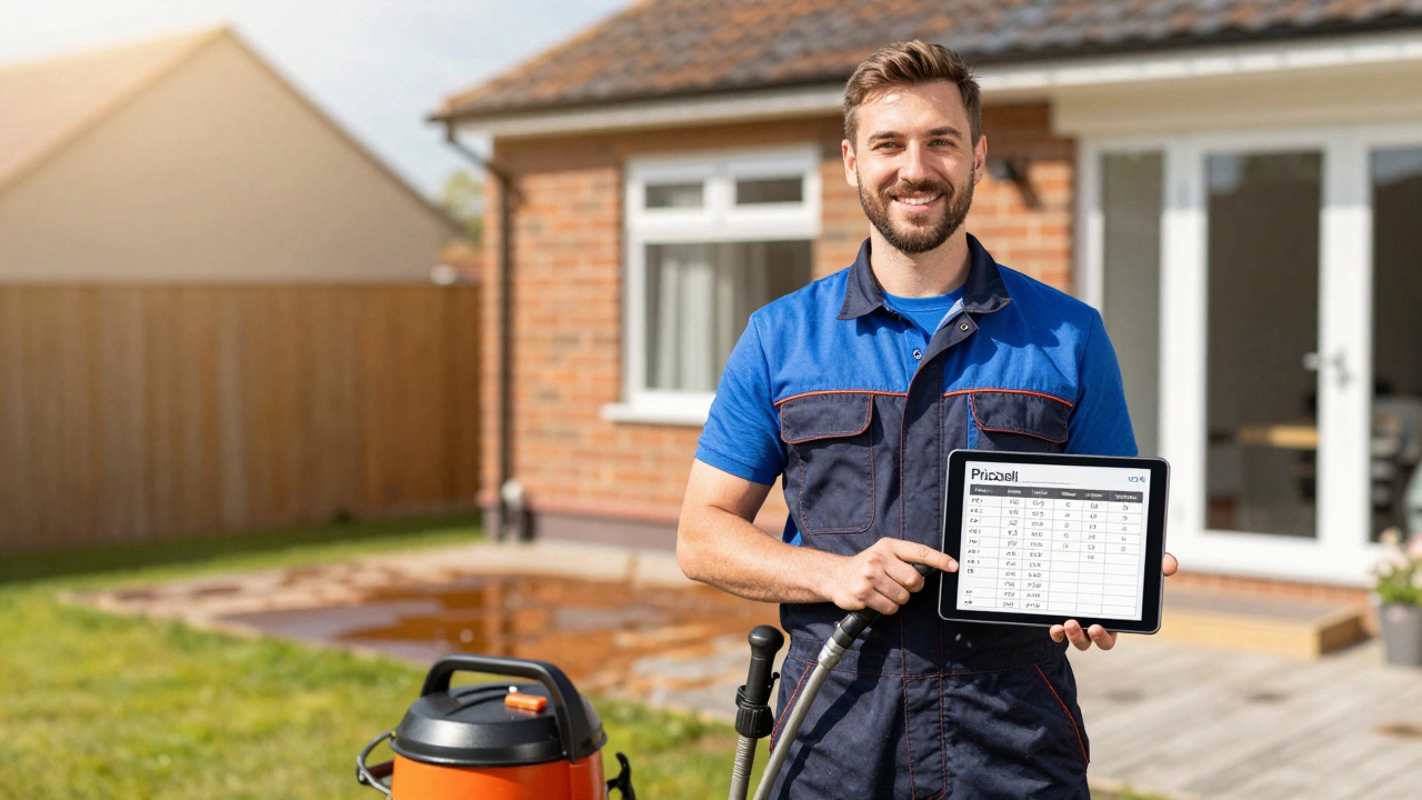 Professional pressure washer holding tablet near cleaned residential patio
