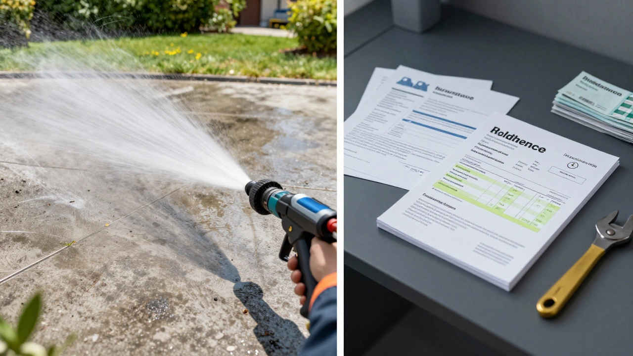 Split image showing clean driveway versus business invoices and costs