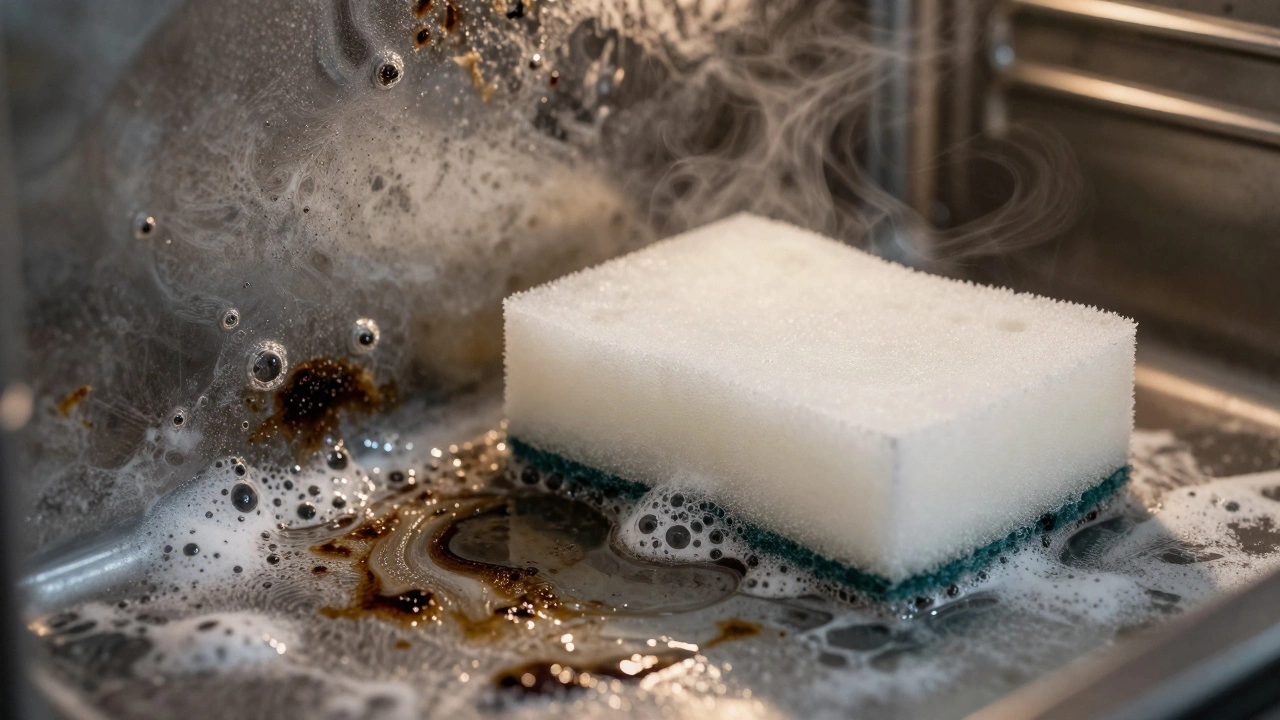 Sponge scrubbing baking soda residue off an oven wall