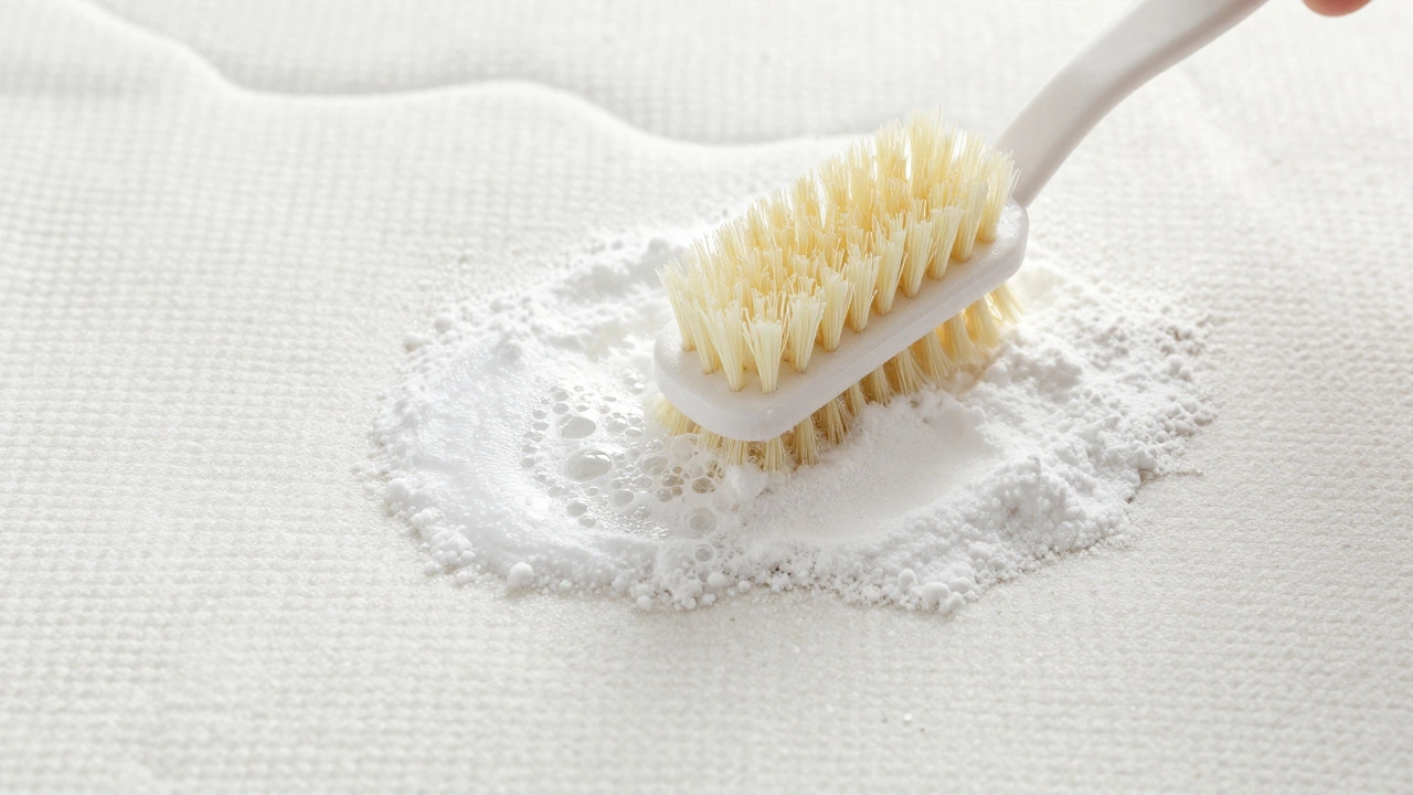 Toothbrush scrubbing fizzing peroxide stain on mattress with baking soda nearby